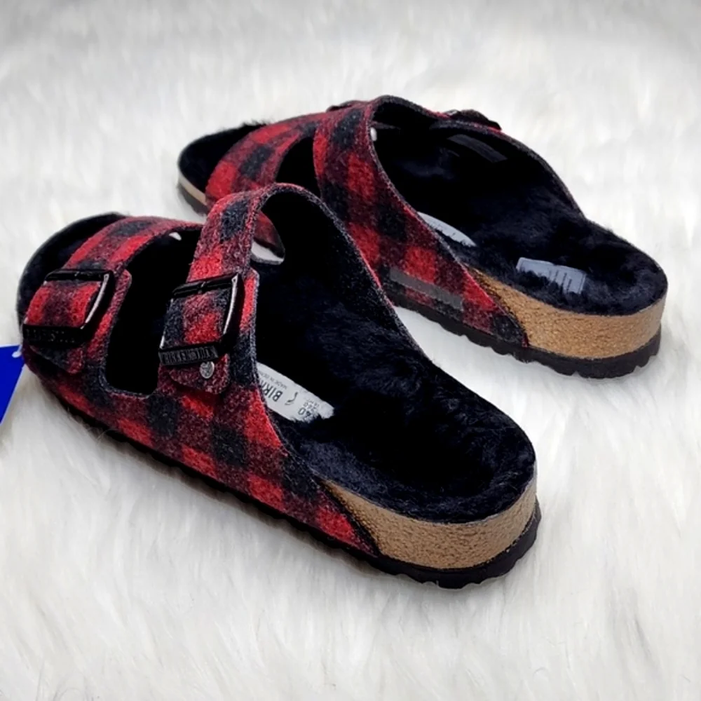 Birkenstock Arizona Wool Shearling Sandal Plaid Red